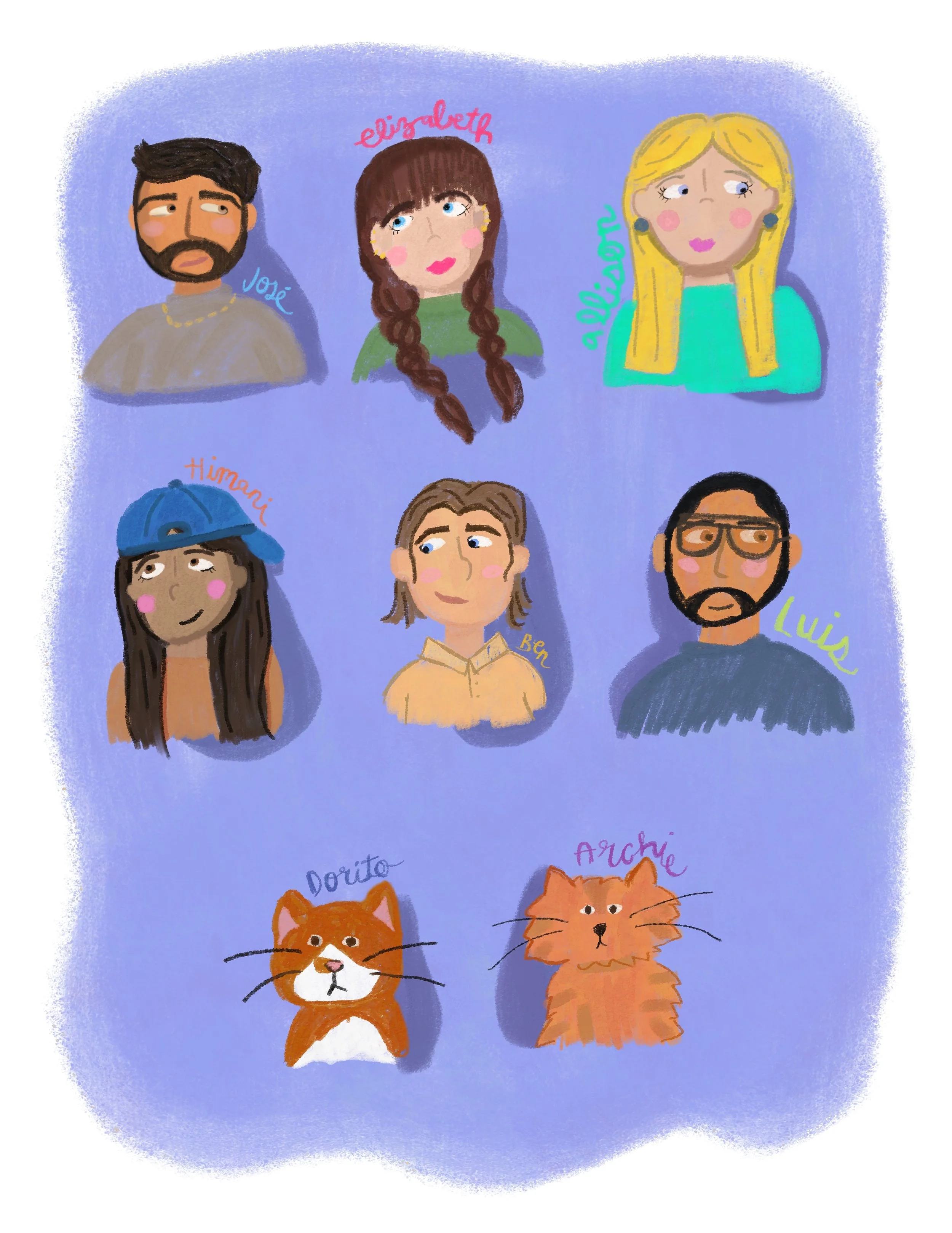 Colorful illustration of nine people with cartoonish portraits. Names include Jovi, Elizabeth, Alexandra, Himani, Ben, Luis, Dorote, Archie, and two cartoon cats.