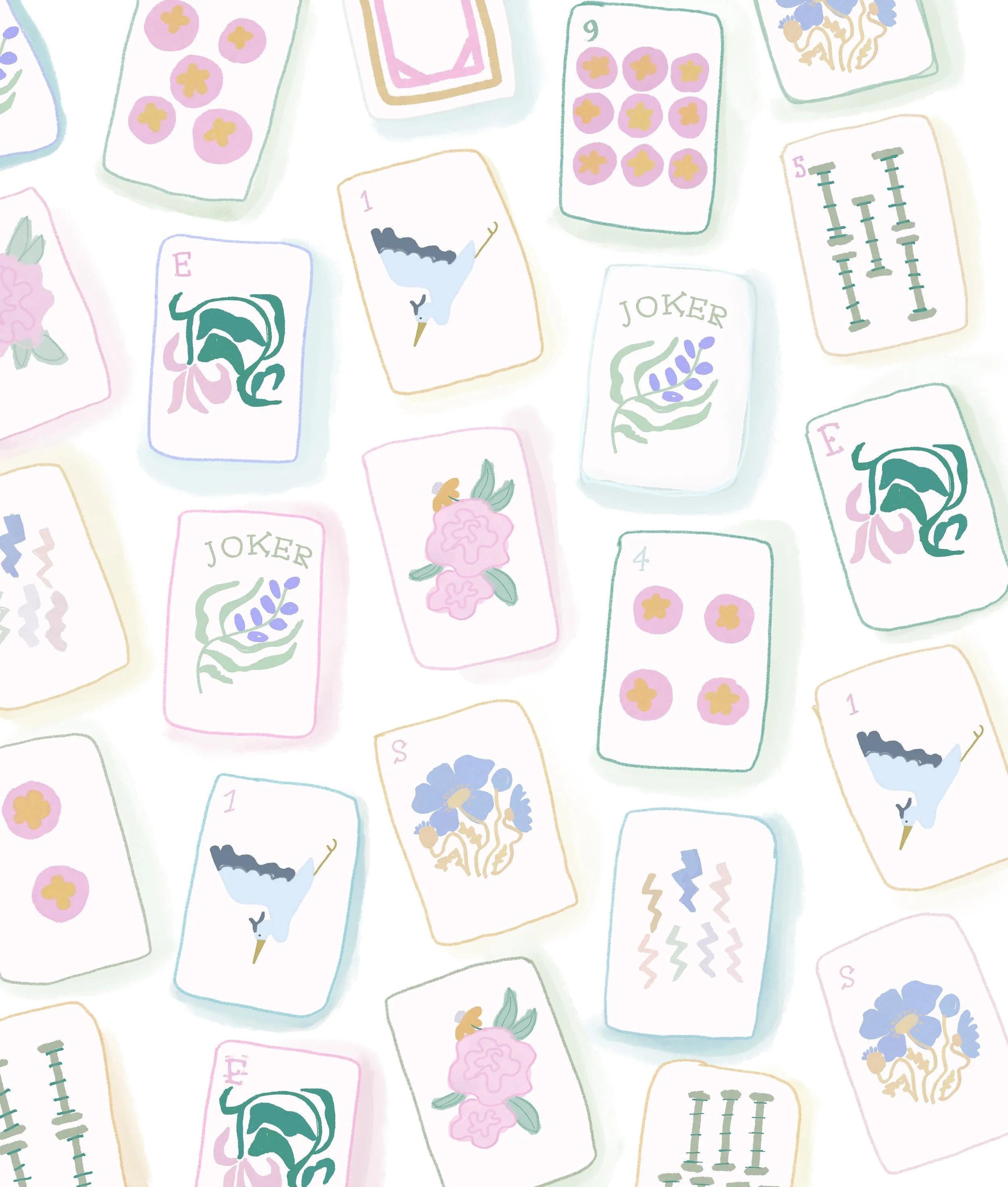 Pattern of scattered playing cards with floral, animal, and abstract designs, including jokers, ducks, flowers, and symbols, on a white background.