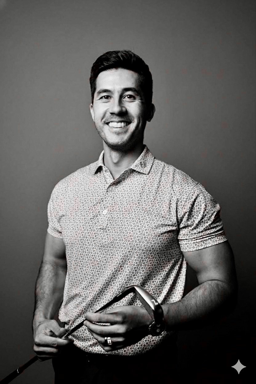 Black and white photo of a smiling man wearing a patterned polo shirt, holding a golf club, against a plain background.
