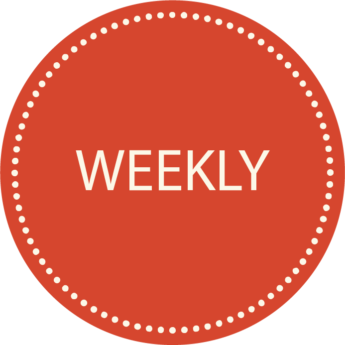 A red circular badge with white dotted border and the word 'WEEKLY' in white uppercase letters inside.