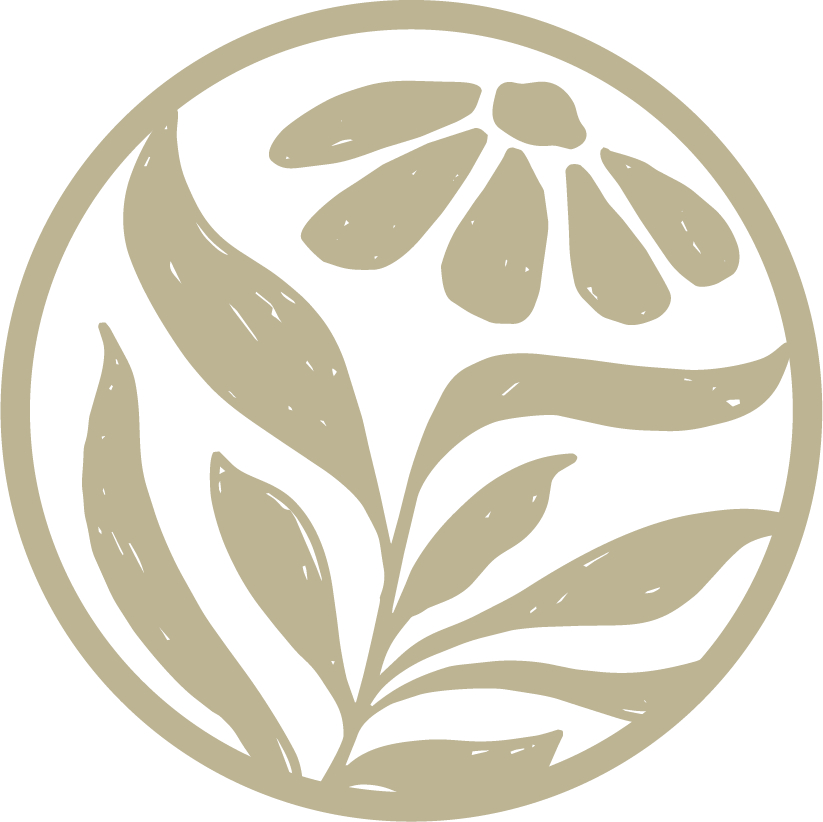 A stylized beige floral design within a circular border, featuring a flower with elongated petals and leaves on a black background  for garden and landscaping brand in Calgary