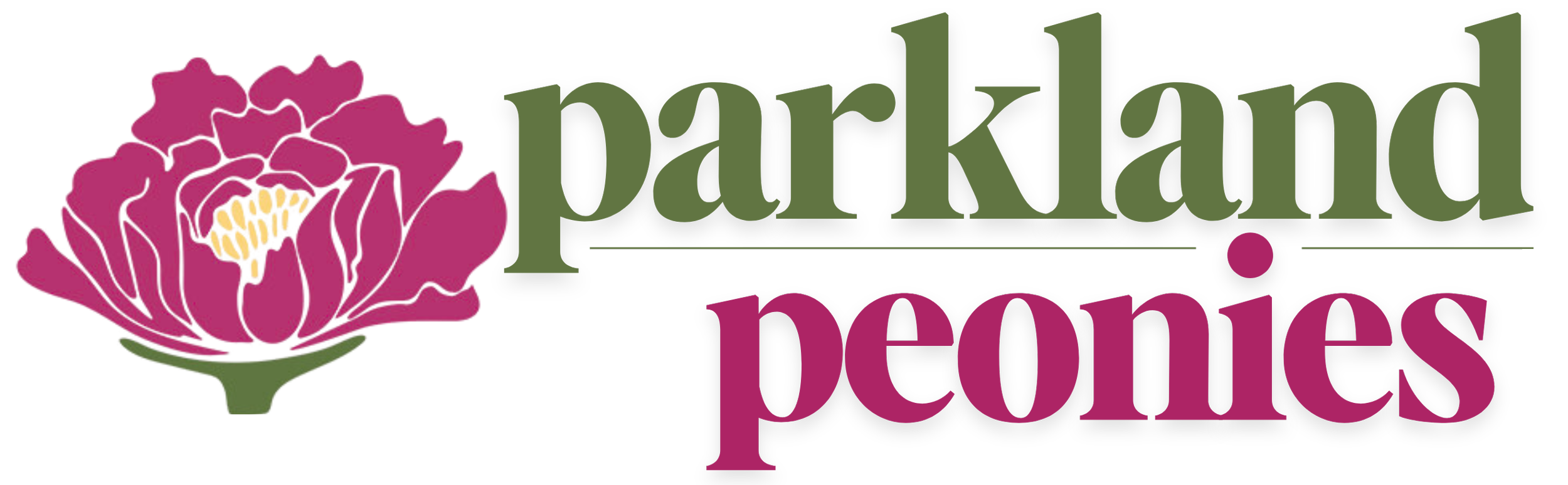 Stylized logo with a pink peony flower on the left and the words 'Peakland Peonies' in large green and purple text.