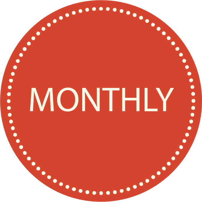 Red circular badge with white dotted border and the word 'MONTHLY' in the center.