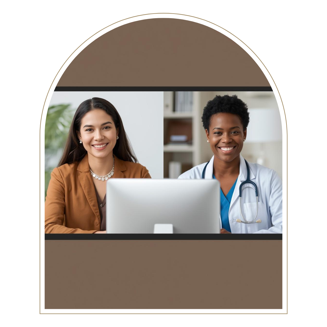 Two women, a patient and a healthcare professional, smiling during a telemedicine consultation on a computer screen.