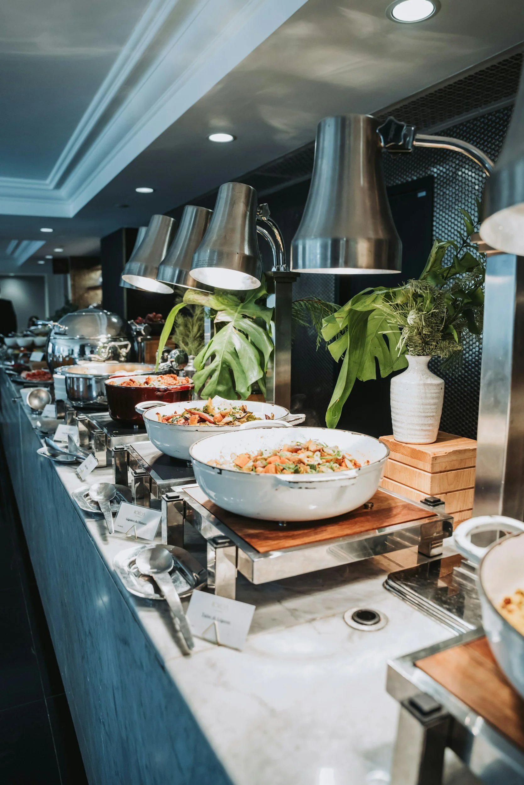 Buffet table with various dishes in bowls, stainless steel heat lamps overhead, and decorative plants.