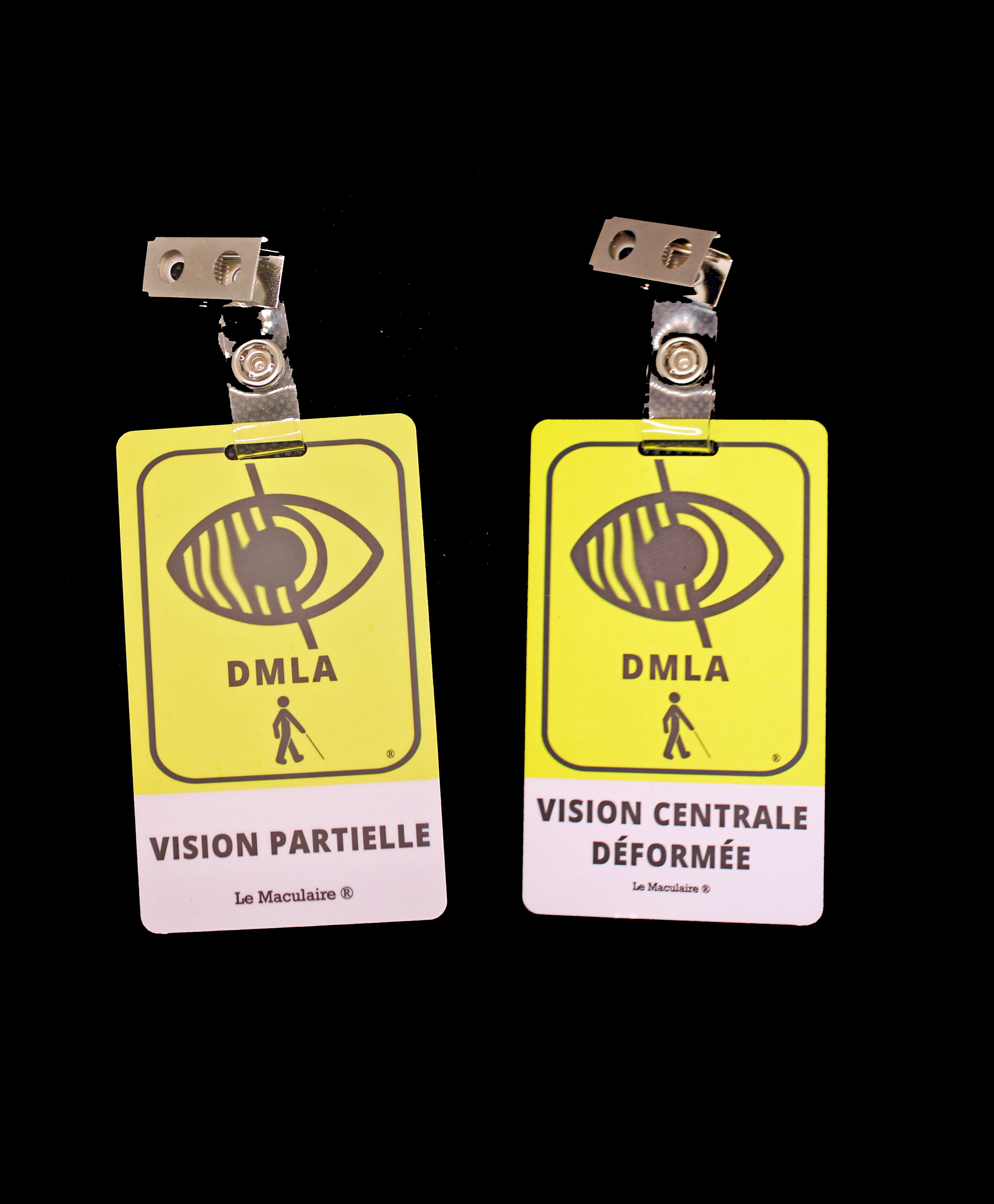 Deux badges jaunes avec un symbole d'œil et l'inscription DMLA, indiquant des types de vision : partielle et déformée.