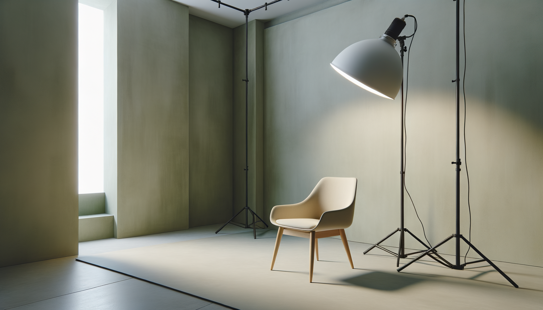 Studio photo avec une chaise beige et éclairage professionnel