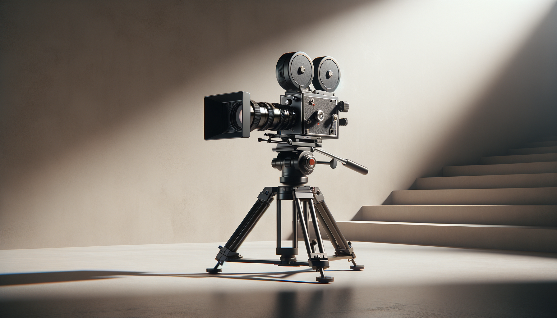 Caméra de film vintage sur trépied dans une pièce avec lumière douce et escaliers en arrière-plan.