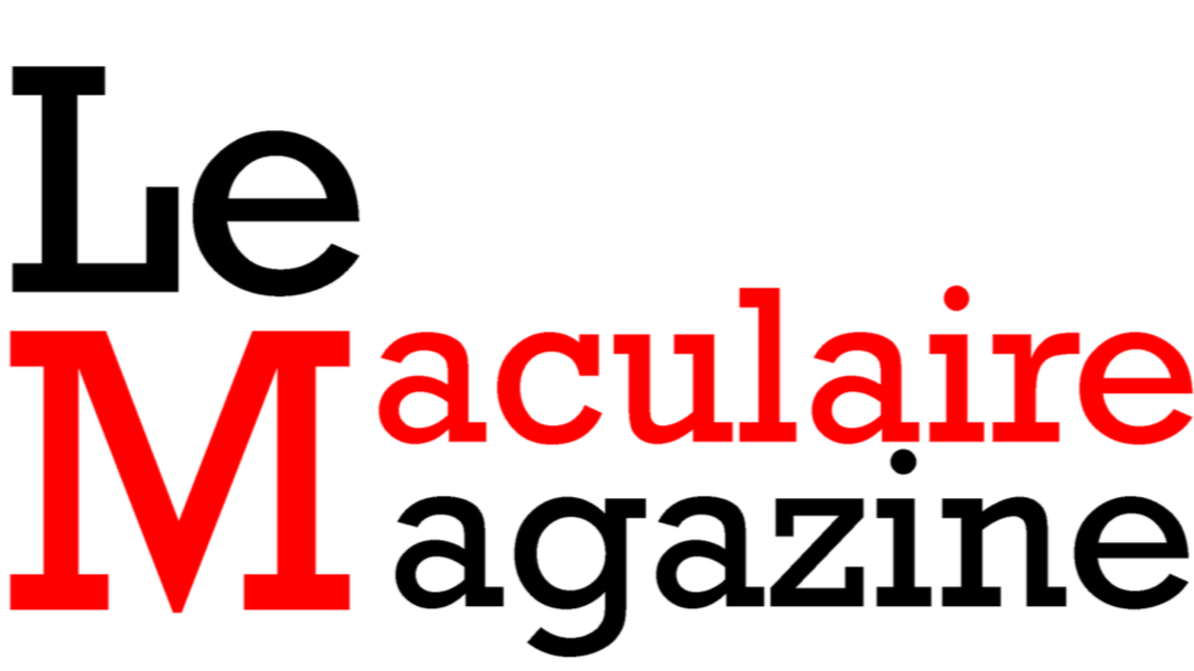 Logo du magazine Le Maculaire avec le texte en noir et rouge.
