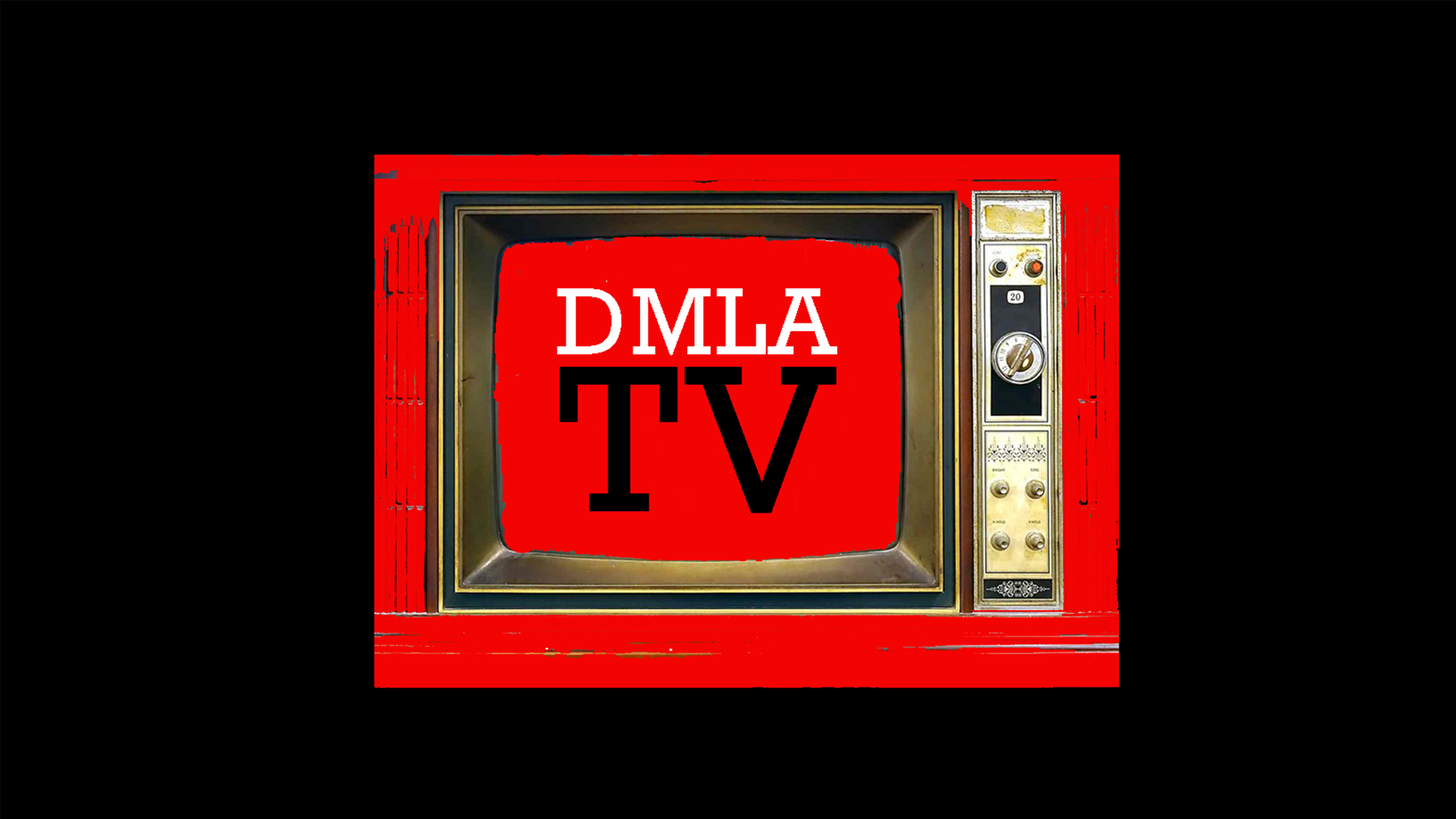 Une télévision vintage rouge avec l'écran affichant le texte "DMLA TV" en lettres blanches et noires.