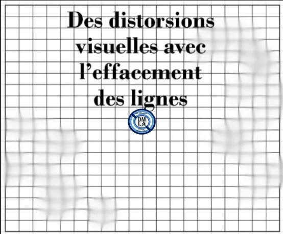 Texte en français sur fond de grille grid avec une touche artistique et un logo au centre. Le texte dit : "Des distorsions visuelles avec l'effetement des lignes".