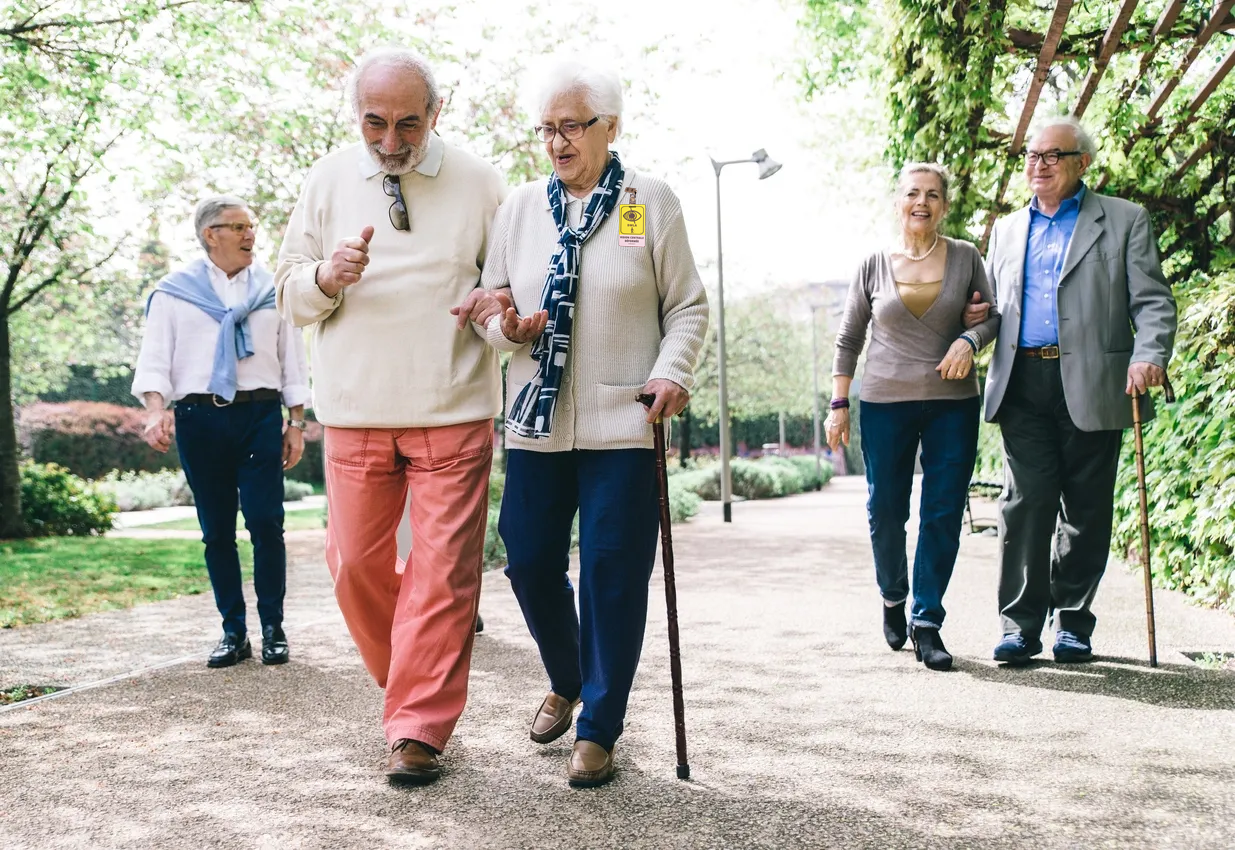 Groupe de personnes âgées se promenant dans un parc en discutant et souriant, certains utilisant des cannes.