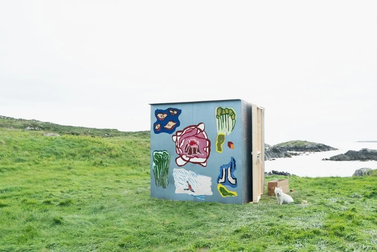 An outdoor scene with a small structure painted with colorful abstract designs, located on a grassy area near a rocky coastline with water and rocks in the background. A white dog is sitting beside a cardboard box on the grass.