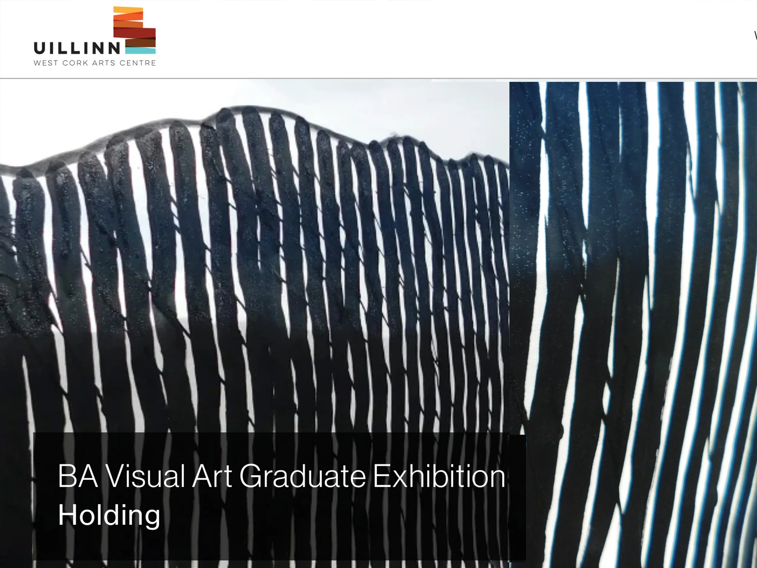 Close-up photograph of a black and white striped artwork by Mary Callaghan, of a  sculpture with curved and vertical lines, related to an art exhibition at Uillinn West Cork Arts Centre and Sherkin Island