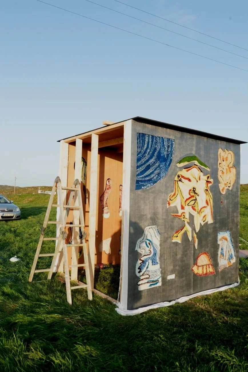 Small structure with unfinished wooden frame and fabric-covered walls featuring colorful abstract art and illustrations, set outdoors on grassy terrain with a ladder leaning against it and a car parked nearby.