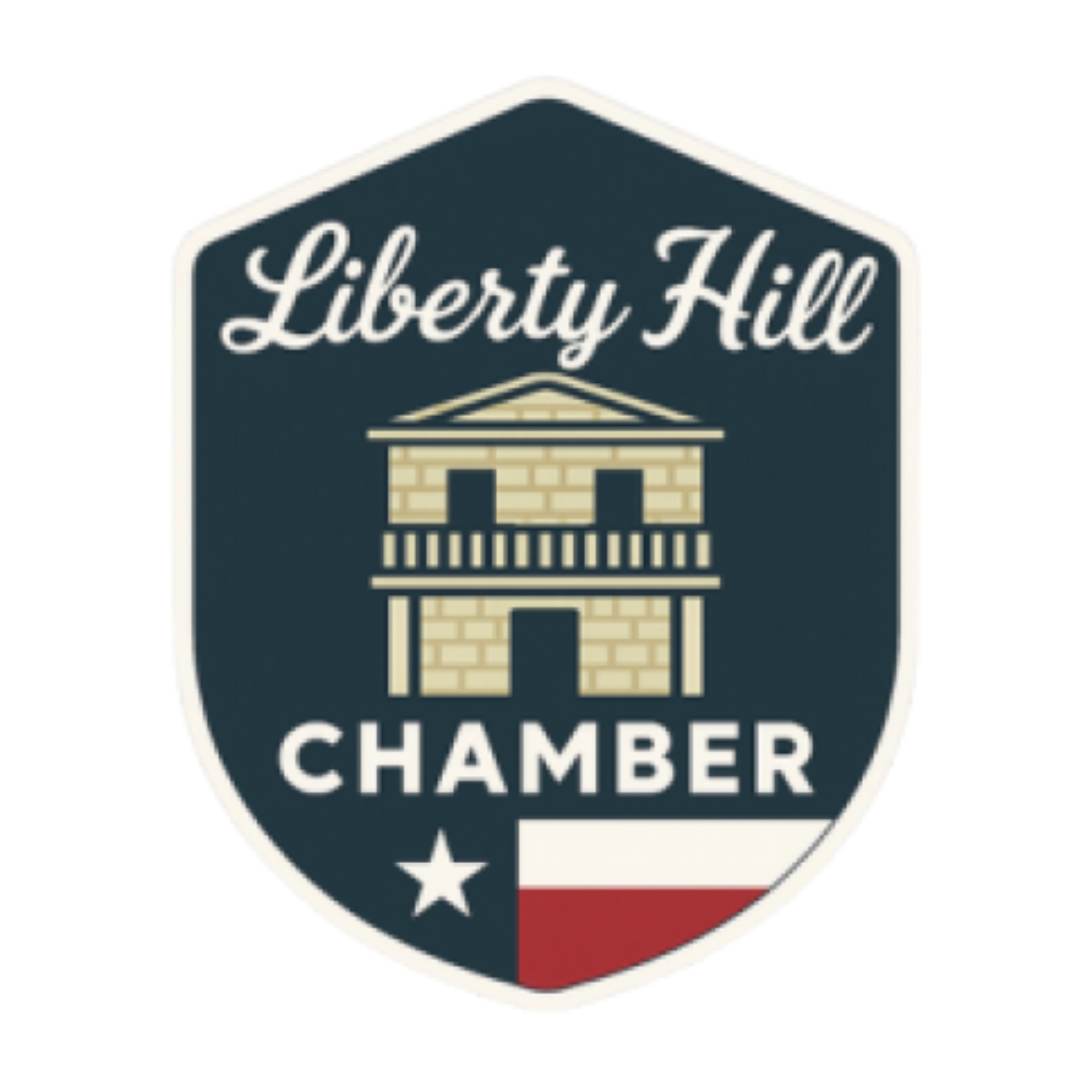 Liberty Hill Chamber of Commerce logo featuring a house shape with bricks, stars, and red, white, and blue patriotic colors.