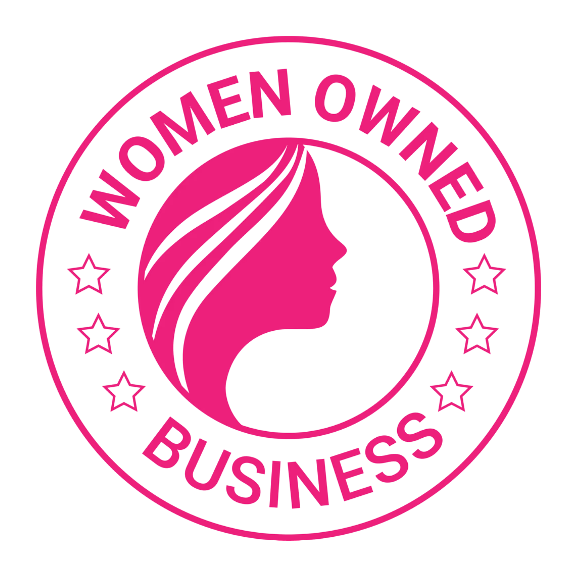 Pink circular emblem featuring a profile of a woman with long hair, surrounded by the text 'Women Owning The Businesses' and small stars.