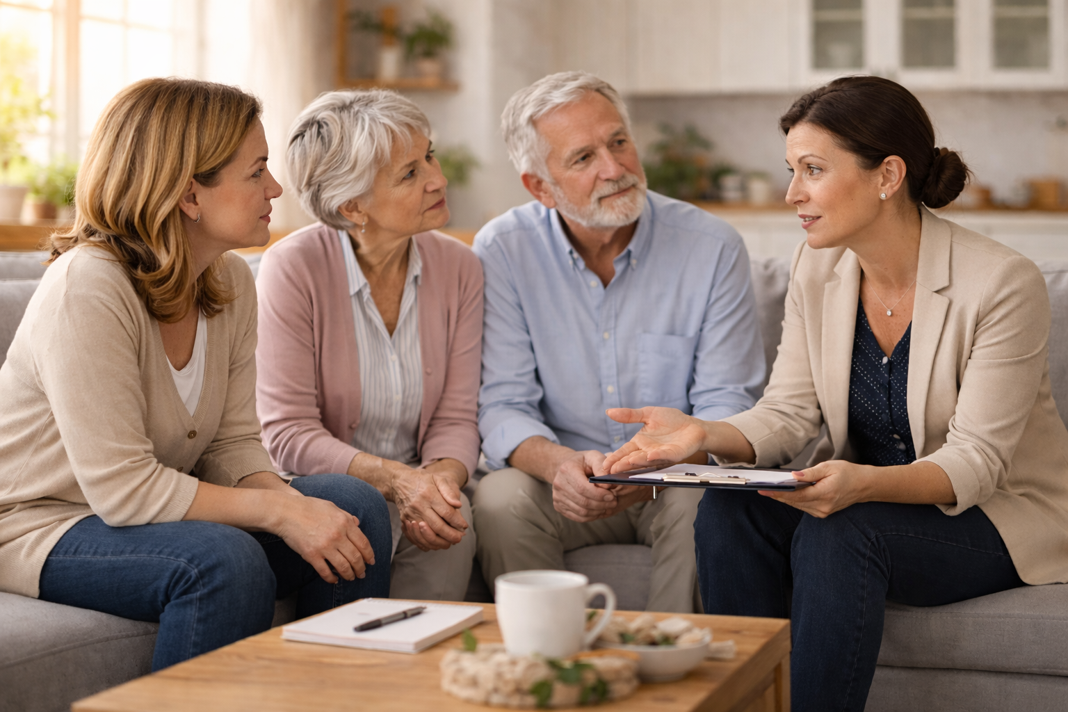A woman in a beige blazer and a navy blue dress is talking to a group of four people, including an older man and woman, during a discussion in a living room.