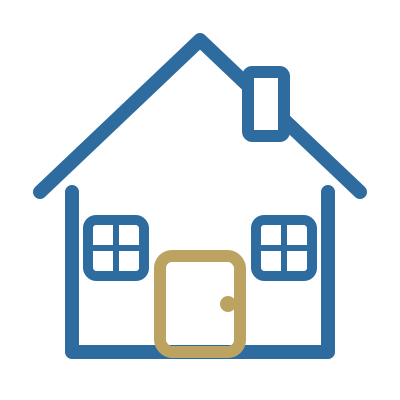 Outline drawing of a house with a triangular roof, two windows, a door, and a chimney.