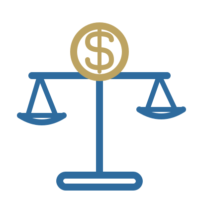 Scales of justice with a dollar sign in a circle at the top