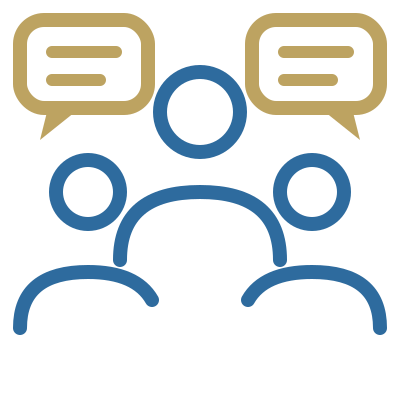 An icon of three people with speech bubbles above and around them.