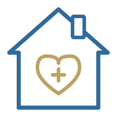 A house outline with a heart and medical cross inside.