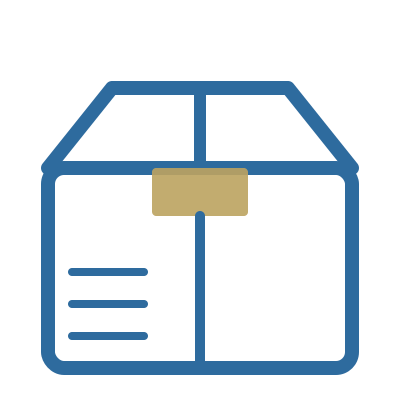 Simple illustration of a cardboard box with a label, showing the box partially open.