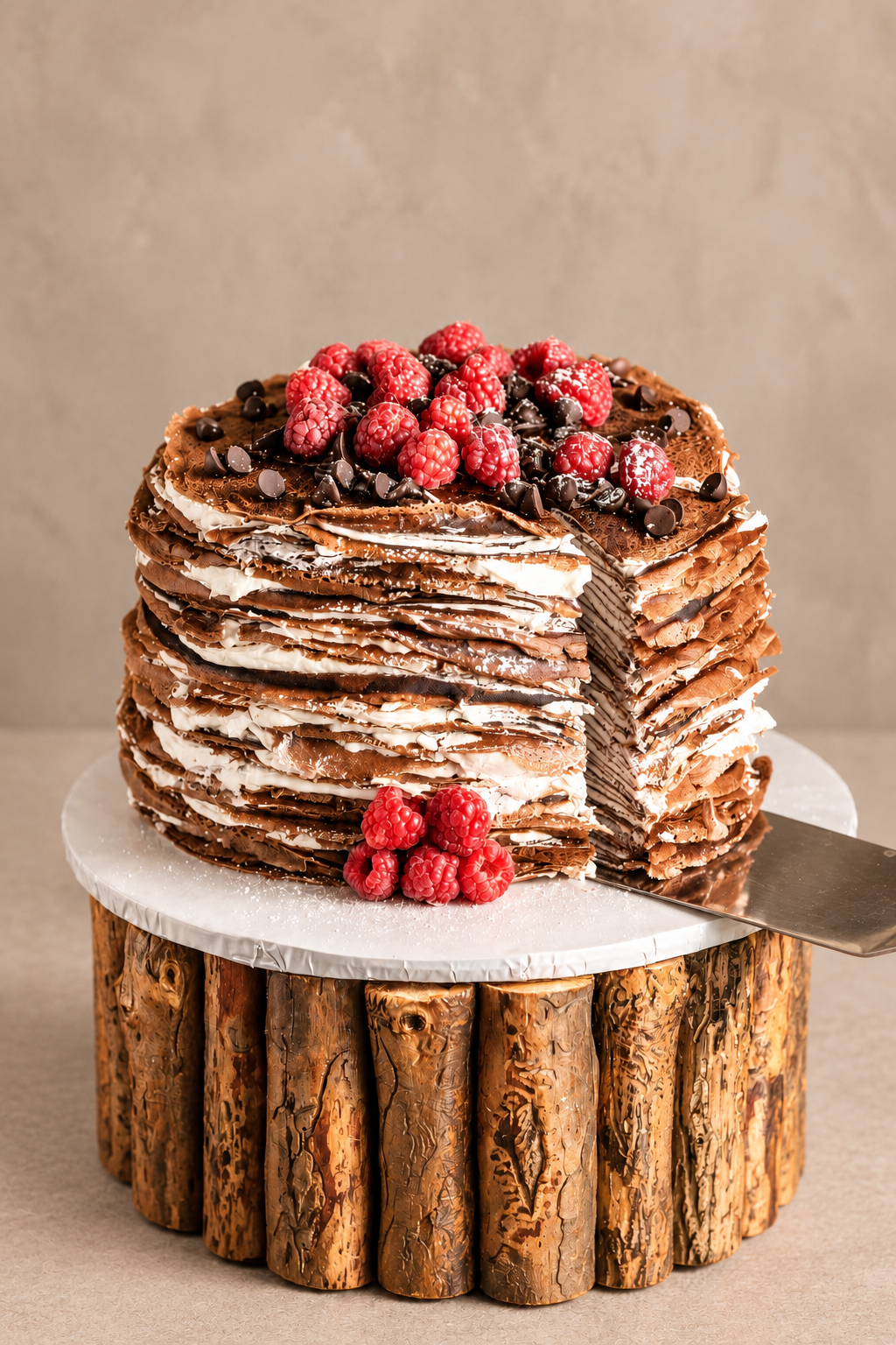 Mehrstöckige Schokoladentorte mit Himbeeren und Schokoladenstücken, gesetzt auf einem Holzständer.