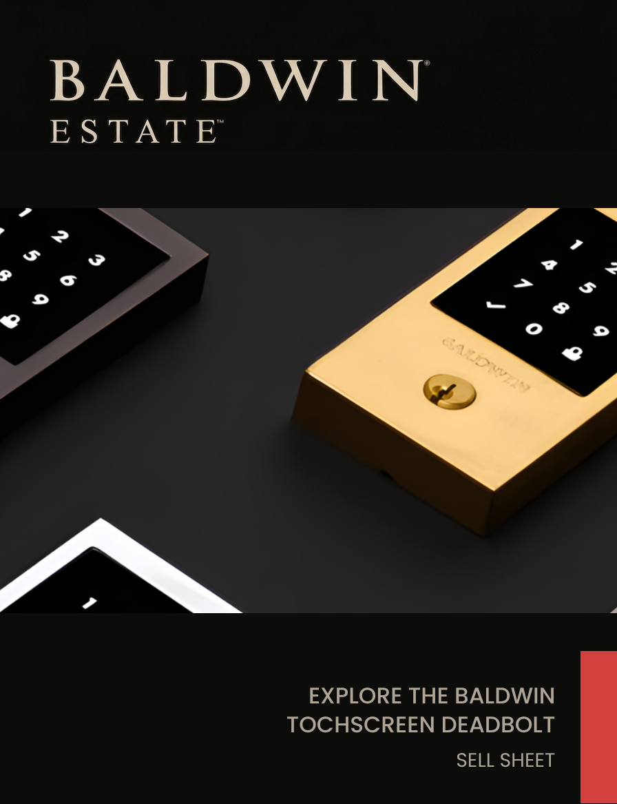 Close-up of Baldwin Estate touchscreen deadbolt lock with a black and gold color design set against a dark background.