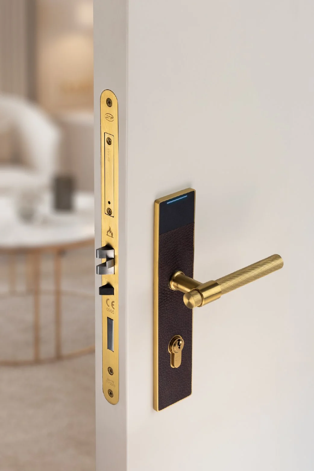 Close-up of a modern door handle with a digital lock, gold-colored hardware, and a black and brown textured backplate, with a blurred background showing a living room.