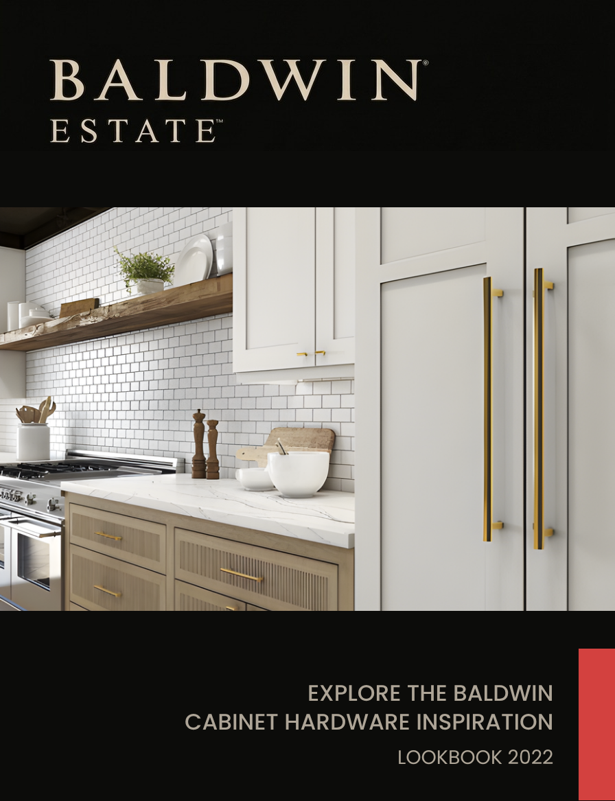 Cover of Baldwin estate cabinet hardware lookbook 2022, featuring a modern kitchen with white cabinets, wooden open shelves, a white countertop, and gold hardware handle, with text overlay at the top and bottom.