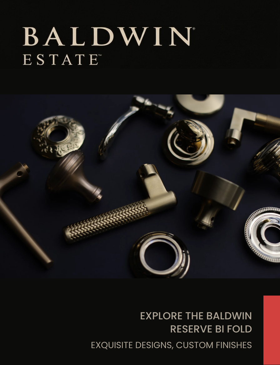 A display of various Baldwin faucet and hardware components, including handles and decorative parts, with a Baldwin Estate branding header and text promoting custom finishes and exquisite designs.