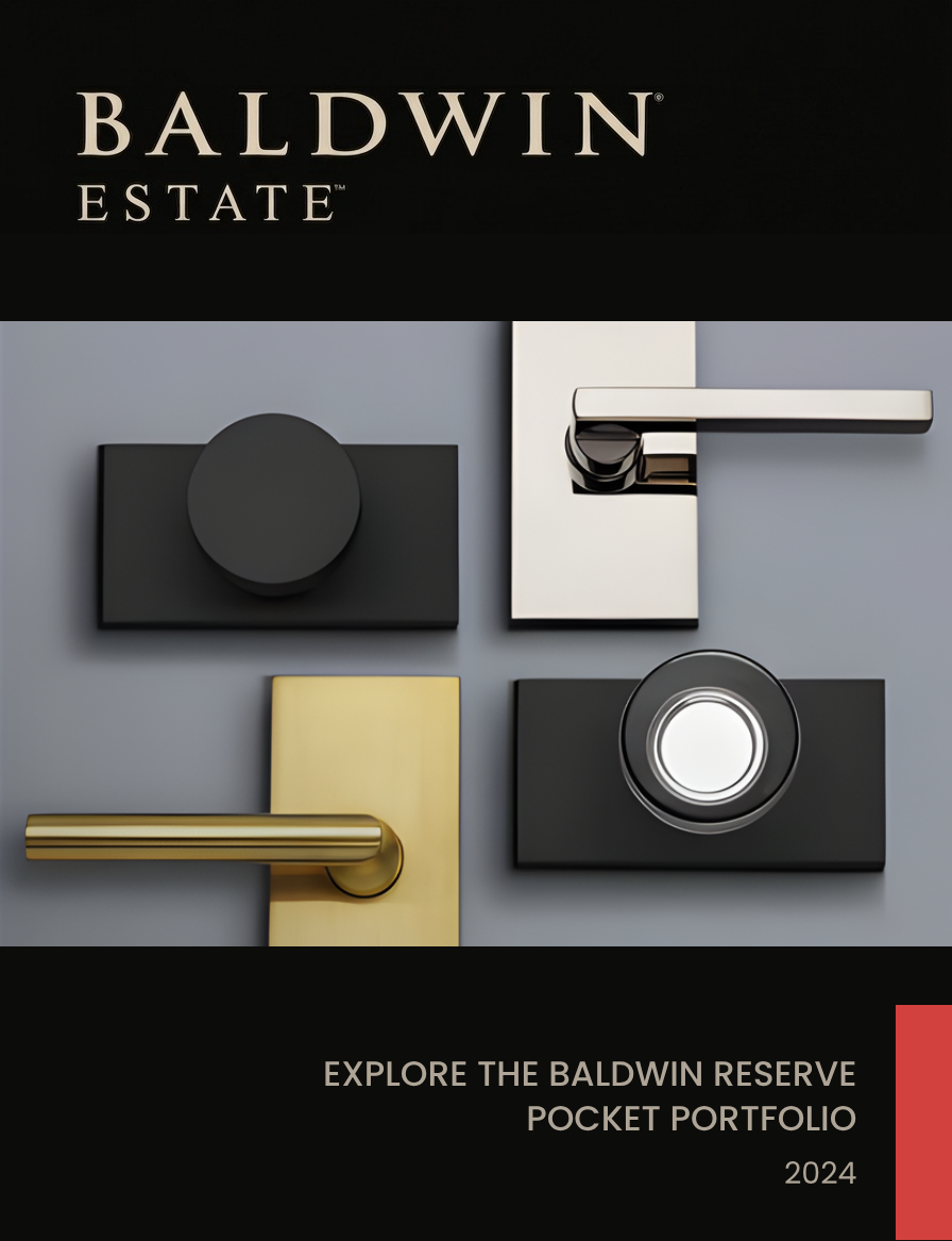 Cover of a brochure or catalog for Baldwin Estate featuring four modern door handles in black, gold, silver, and chrome finish, with text promoting exploration of the Baldwin Reserve Pocket Portfolio for 2024.
