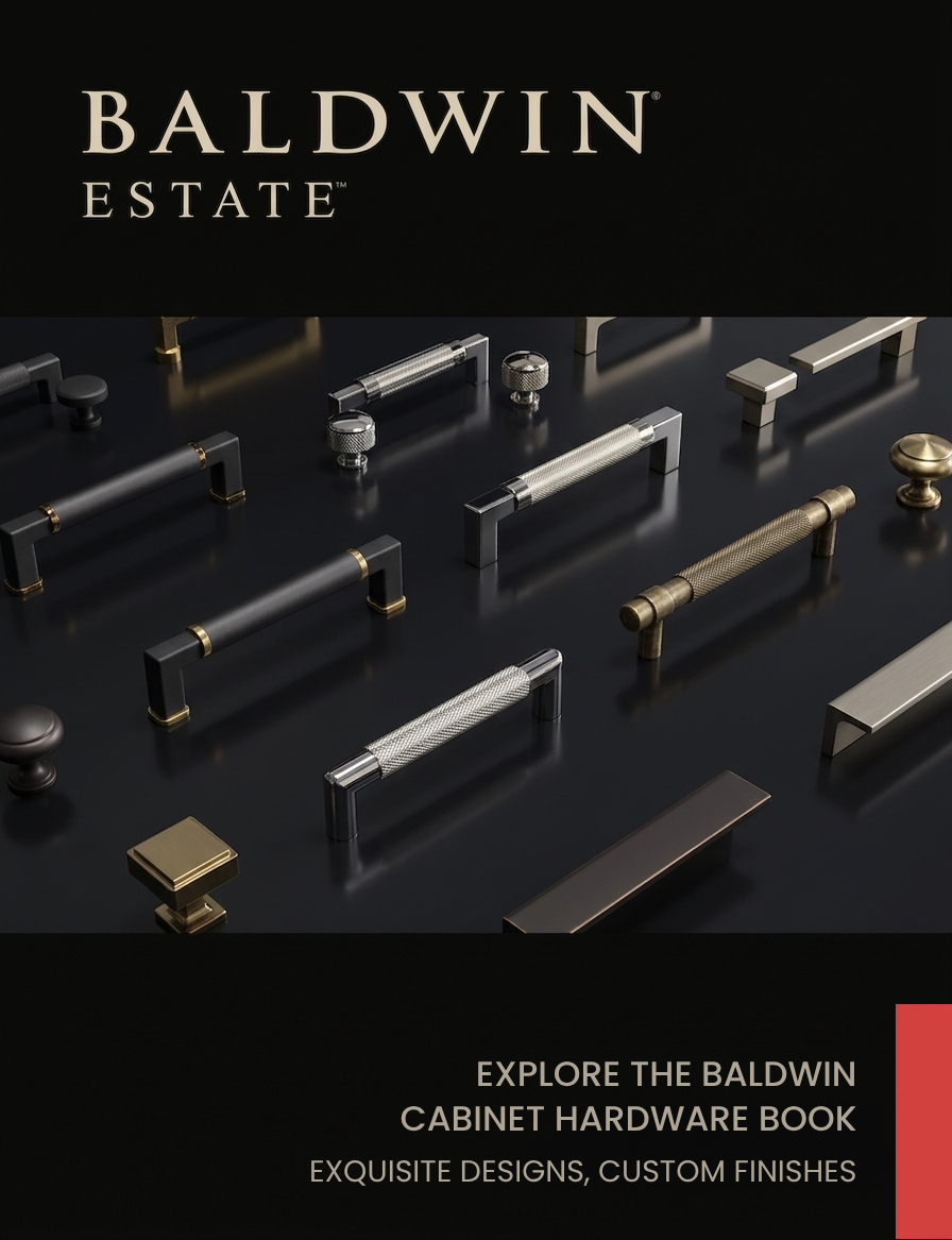 Collection of modern cabinet handles and hardware in various finishes, displayed on a black surface with text promoting Baldwin cabinet hardware.