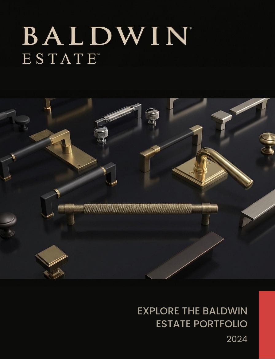 Display of various cabinet hardware including handles and knobs by Baldwin Estate, with text promoting the Baldwin Estate portfolio for 2024.