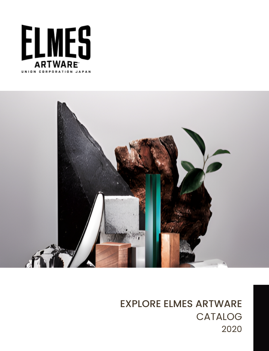 Cover page of a catalog showing modern art sculptures and objects, with the title 'Explore Elmes Artwork Catalog 2020'.