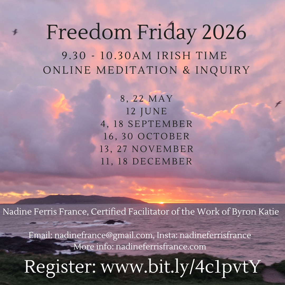 A promotional flyer for Freedom Friday 2026 event featuring an Irish-themed online meditation and inquiry series, with dates listed from May to December, overlaying a scenic sunset or sunrise over the ocean with clouds and a mountain silhouette.
