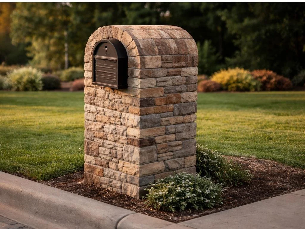 Custom Mail Box masonry work in San Diego showing brick mailbox on lawn by driveaway