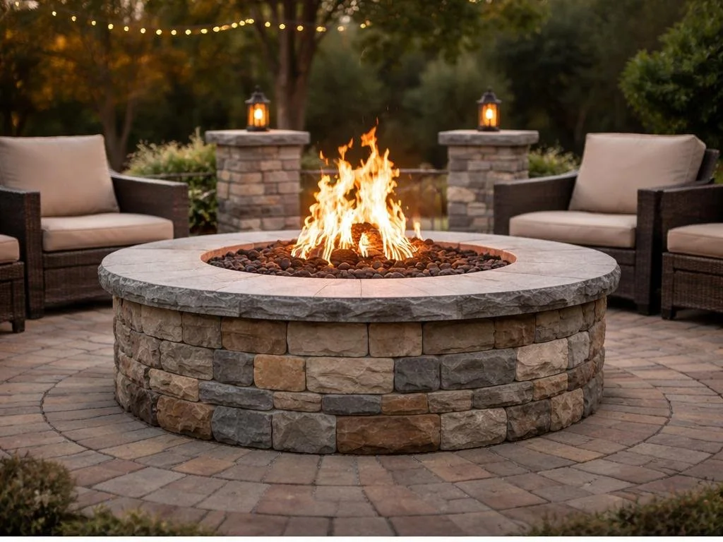 custom masonry outdoor firepit in san diego featuring lit fireplace as centerpiece of backyard