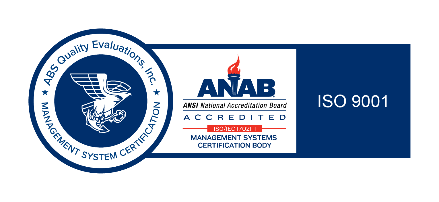 Certification badge for ABS Quality Evaluations, Inc., featuring a winged eagle emblem, with ANAB accreditation for ISO 9001 management system certification, including the ANSI National Accreditation Board and ISO/IEC 17021-1 standards.