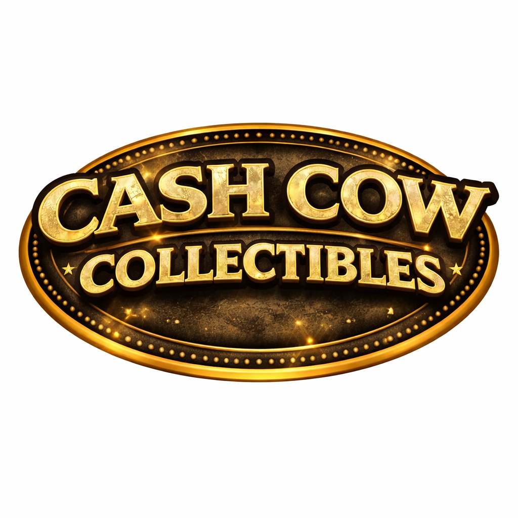 Gold and black sign reading "Cash Cow Collectibles" with illuminated effects.
