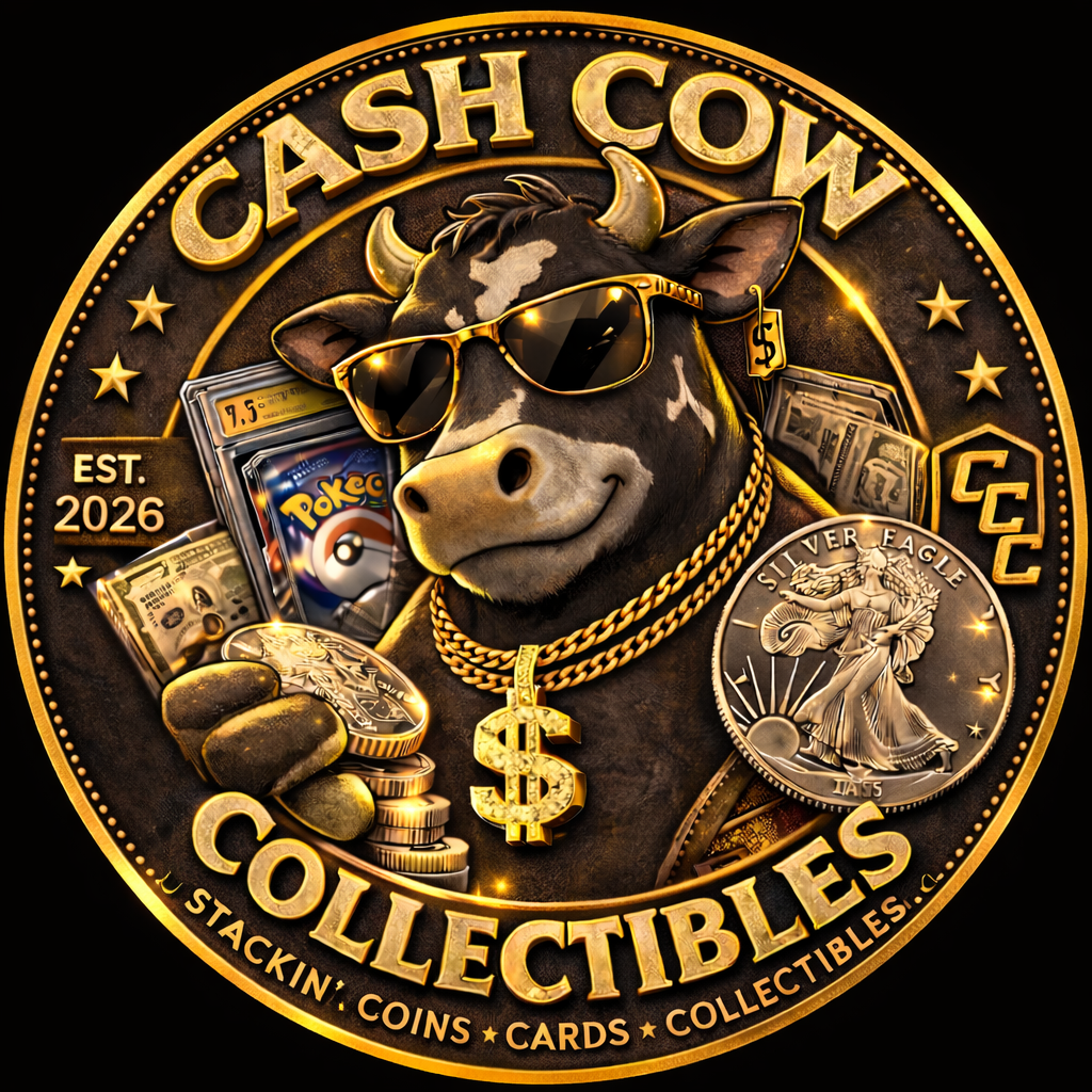 A cartoon-style cow wearing sunglasses and gold jewelry, surrounded by coins, cash, a Pokéball, and collectible items on a coin-shaped background with gold lettering reading 'Cash Cow Collectibles' and other details about coins, cards, and collectibles.