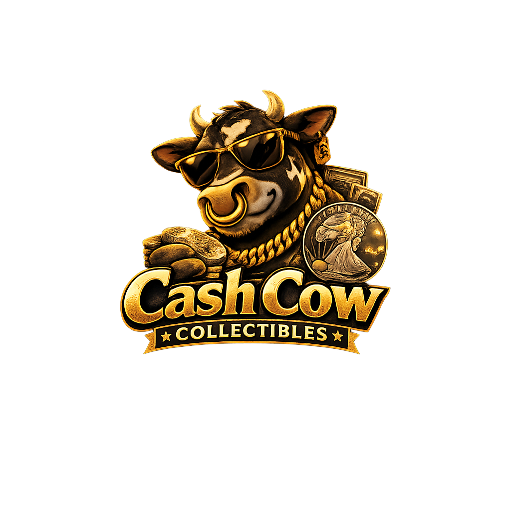 A cartoon cow wearing sunglasses, a gold chain, and a nose ring, holding a gold coin, with a logo reading "Cash Cow Collectibles" featuring a portrait of a woman on a coin.