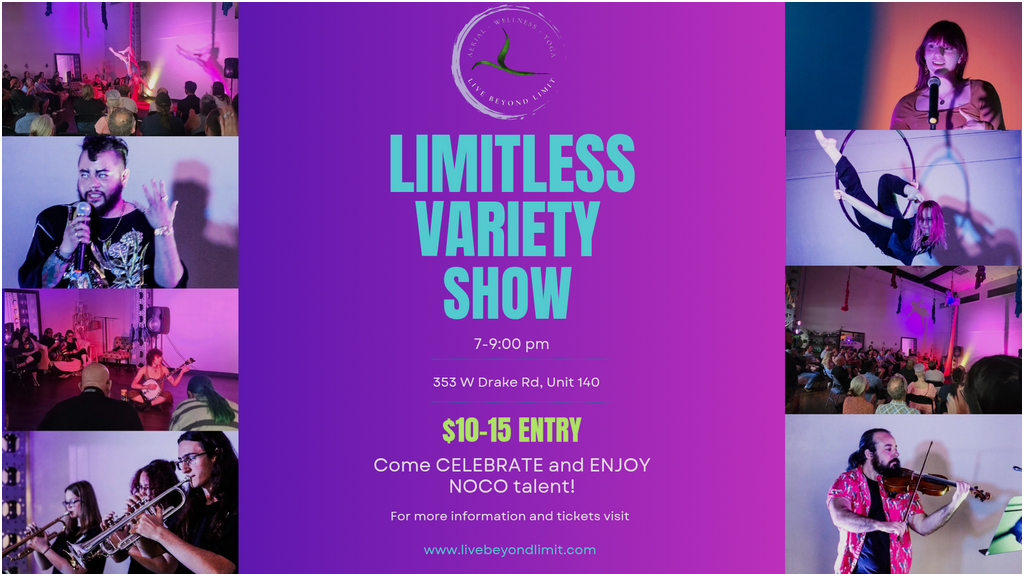 A promotional flyer for a variety show titled 'Limitless Variety Show' featuring images of performers, musicians, dancers, and an audience in a setting with purple and pink lighting. The flyer includes event details such as date, time, location, ticket price, and a call to celebrate and enjoy talent.