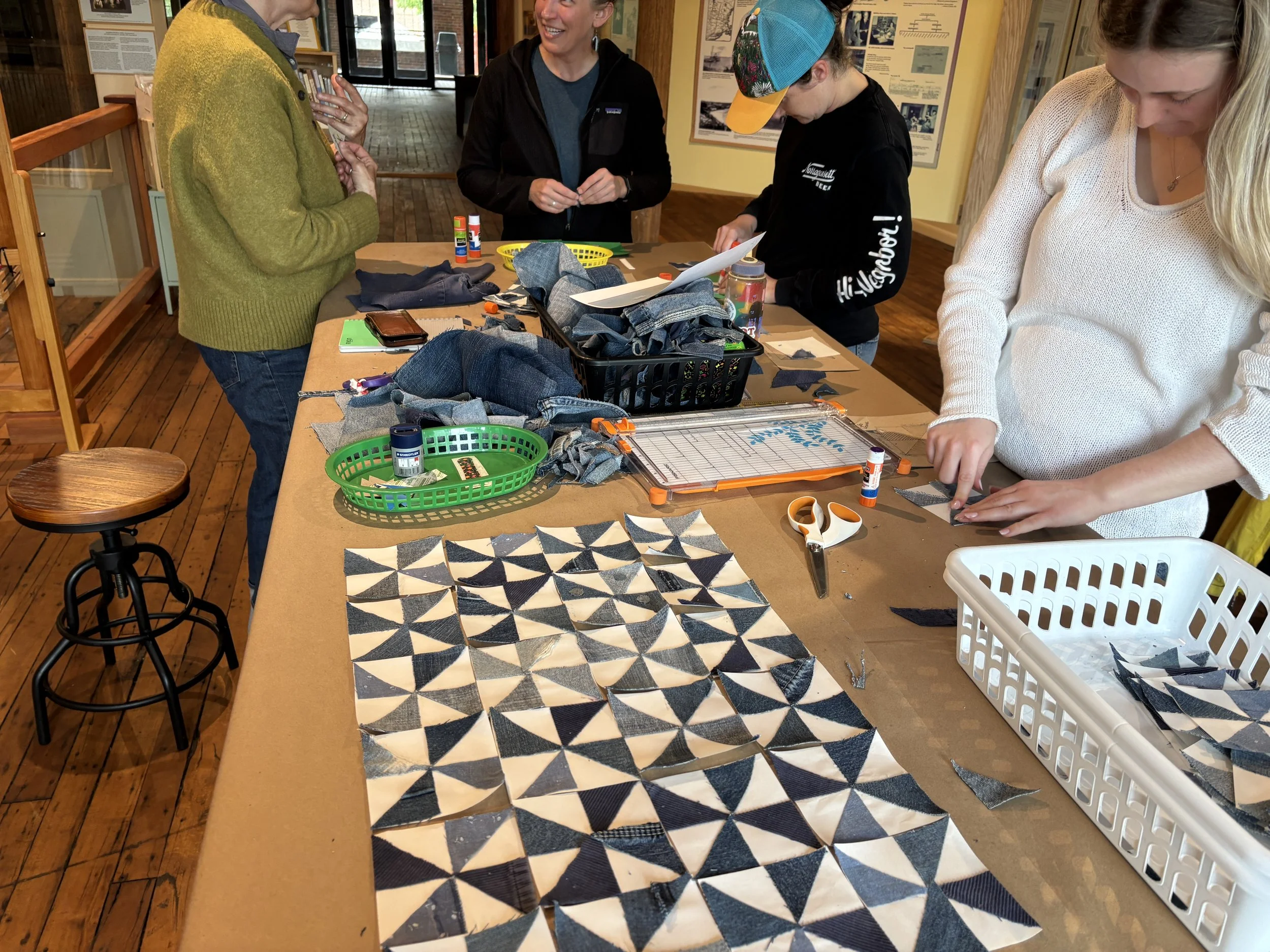 Making pinwheels out of recycled denim at the Winooski Heritage Mill Museum