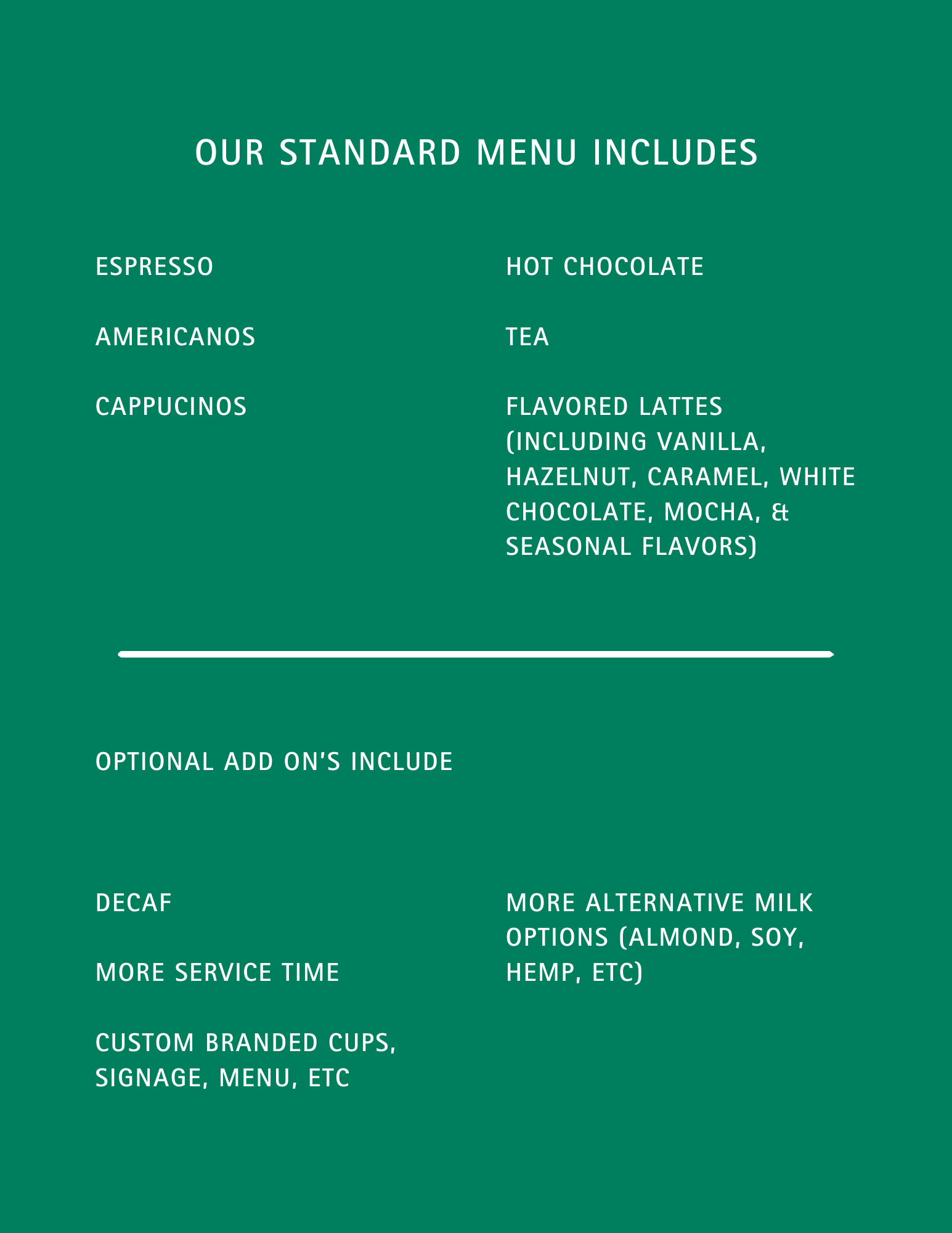Menu board explaining the standard menu options including espresso, americanos, cappuccinos, hot chocolate, tea, flavored lattes with various flavors, decaf, and alternatives like almond, soy, hemp milk, with additional options for service time, branded cups, signage, and custom menu items.