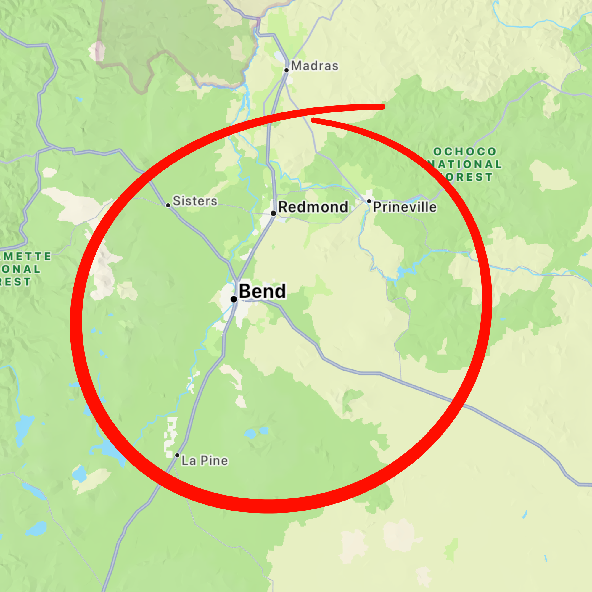 Map showing where you can book our mobile coffee cart which include parts of Oregon like Bend, Sisters, Madras, Redmond, La Pine, and Sunriver, with a red circle overlay.