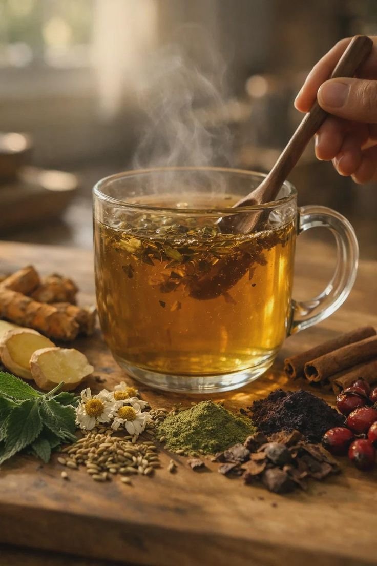 Tasse en verre contenant une tisane chaude avec des herbes, entourée d'épices et de plantes séchées sur une table en bois.