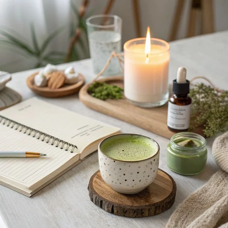 Une table avec une tasse de thé vert, un carnet ouvert, une bougie allumée, une petite bouteille d'huile essentielle, un verre d'eau filtrée, et divers éléments naturels et cosmétiques, dans une ambiance chaleureuse et sereine pour le bien-être