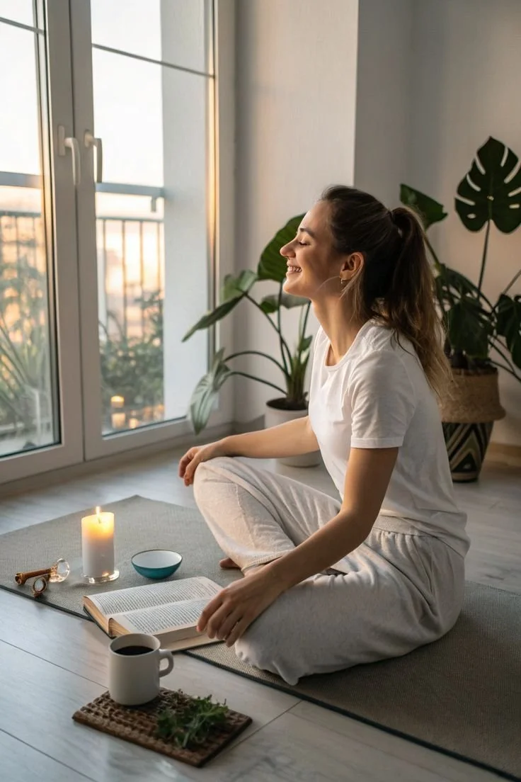 Femme assise en position de lotus, souriant, dans une pièce lumineuse avec des plantes d'intérieur, un livre ouvert, une bougie, une tasse, un bol, et une petite plante.